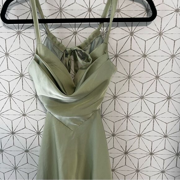 Stun to Remember Sage Green Satin Cowl Neck Cutout Midi Dress - Picture 5 of 8